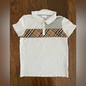 Burberry Kids White and Tan Plaid Polo Shirt 14Y